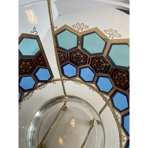 MCM Glass Salad Bowl With Wood & Metal Stand Aqua Blue & Gold Trim - Picture 5 of 12